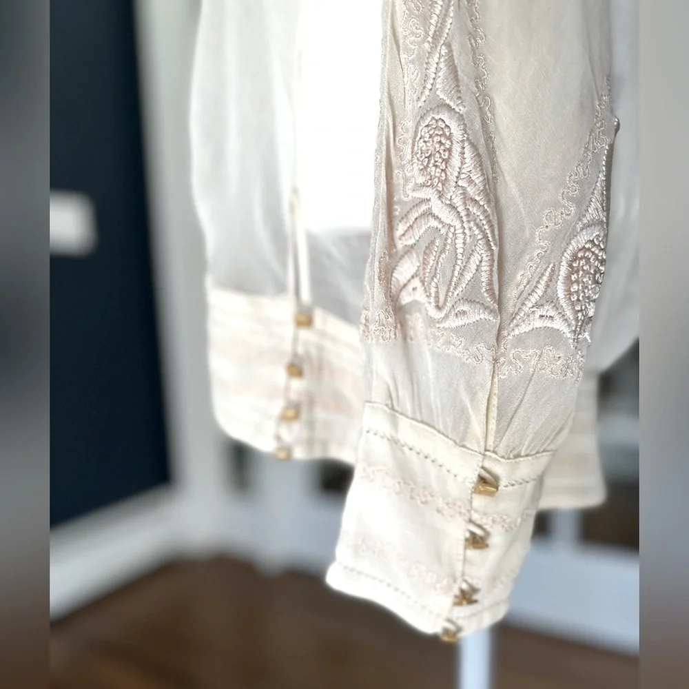 Anthropologie Long Sleeve Embroidered Blouse With Banded Waist, Cream: Size 4